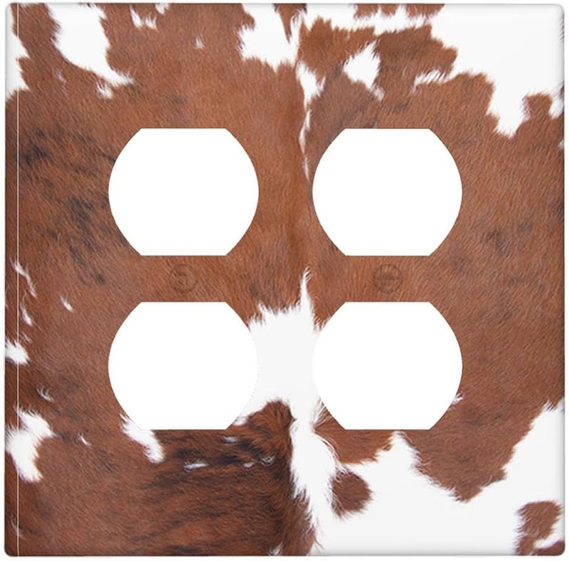 Moslion Brown Cowhide 2-Gang Duplex Outlet Cover Cow Print Leopard Farm Animal Wall Plate Wall Plate Light Switch Protector Combination Home Kitchen Bathroom - Image 1